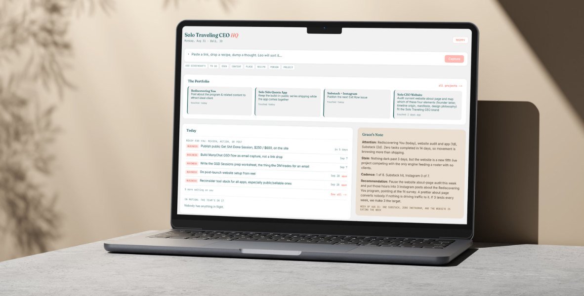Your Business HQ open on a laptop: a capture box across the top, a row of project cards, today's task list, and a weekly note down the side.
